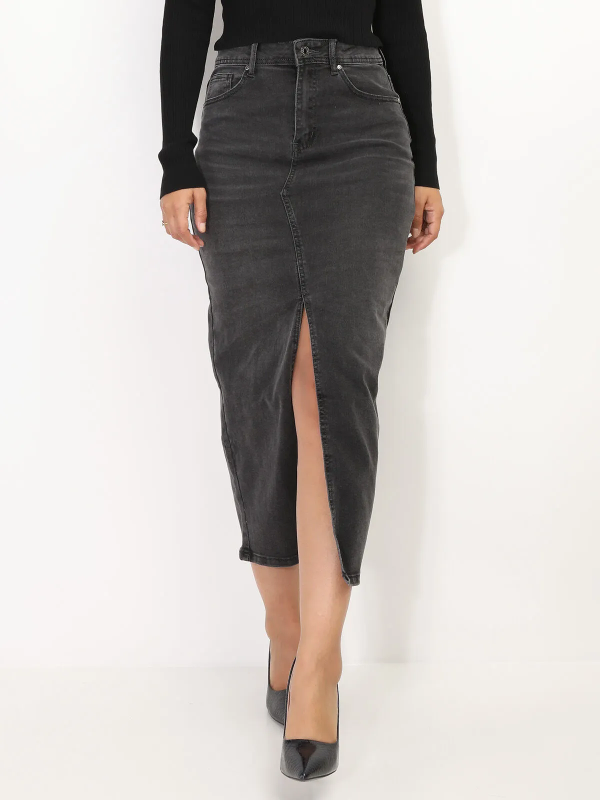 Jupe longue en denim fendue- Gris anthracite